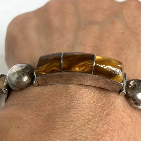 VTG Sterling Silver 925 Heavy Signed Southwest Tigers Eye Inlay Panel Bracelet - Picture 14 of 16